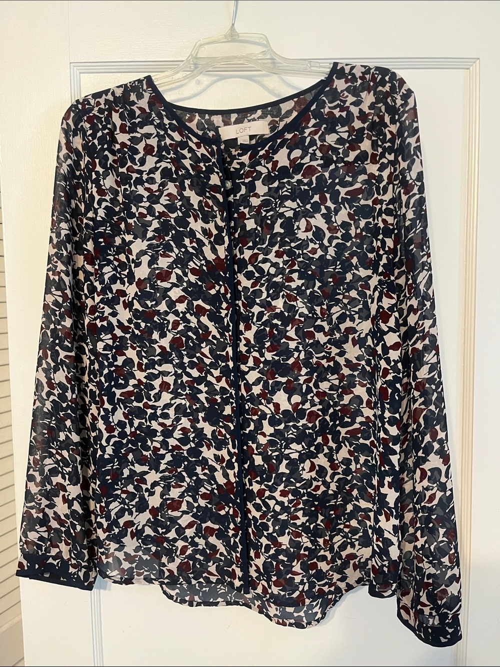 LOFT Navy, Burgundy and White Floral Sheer Blouse - Women